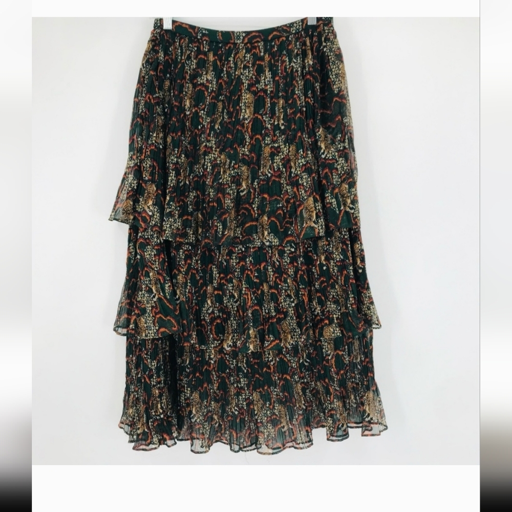 ☆ISO☆  TP High Rise Tiered Ruffle Tiger Print Midi Skirt Green Size Large